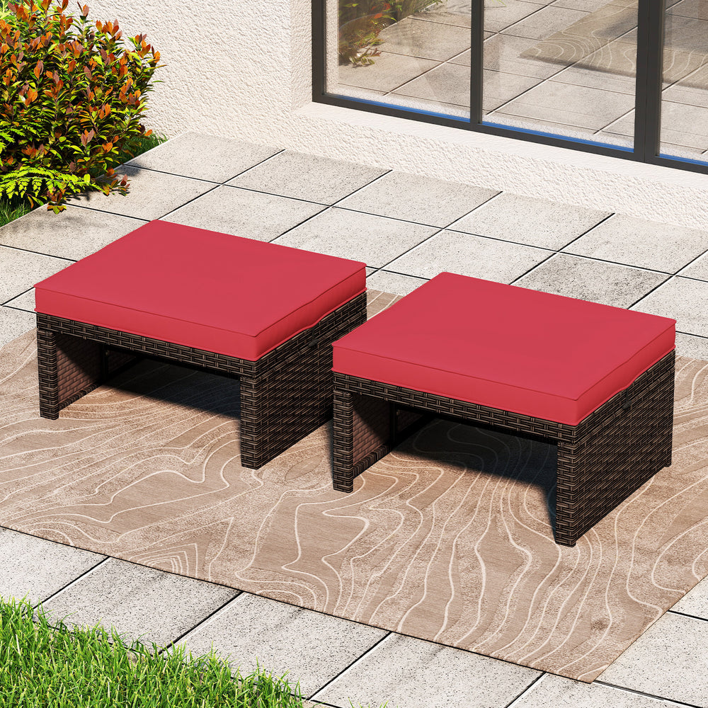 Multipurpose Outdoor 2 Pieces Patio PE Rattan Ottomans Footstool-Red - Gallery View 1 of 9
