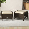 Outdoor patio PE wicker ottoman showcasing a beige removable cushion, perfect for use as a coffee table or footrest.