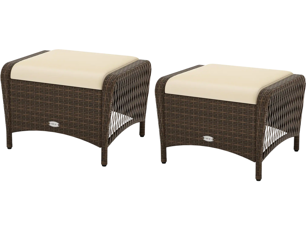 Set of 2 outdoor patio PE wicker ottomans with beige removable cushions, ideal for footrests or extra seating.