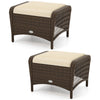 Set of 2 outdoor patio PE wicker ottomans with beige removable cushions, ideal for extra seating or footrests.
