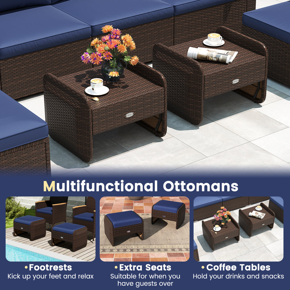 Two outdoor patio PE wicker ottomans with navy removable cushions, serving as footrests or extra seats for versatile.