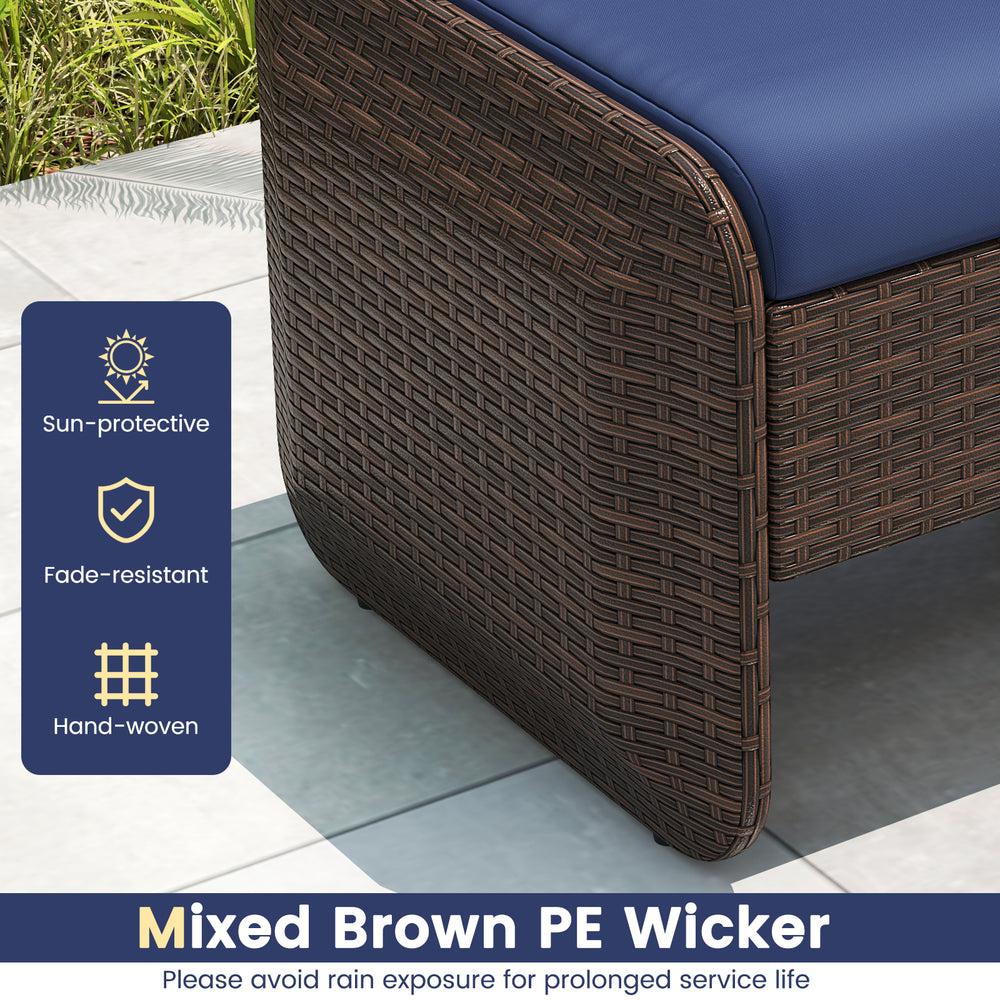 Close-up of a mixed brown PE wicker ottoman with navy removable cushion, ideal for outdoor patio use and extra seating.