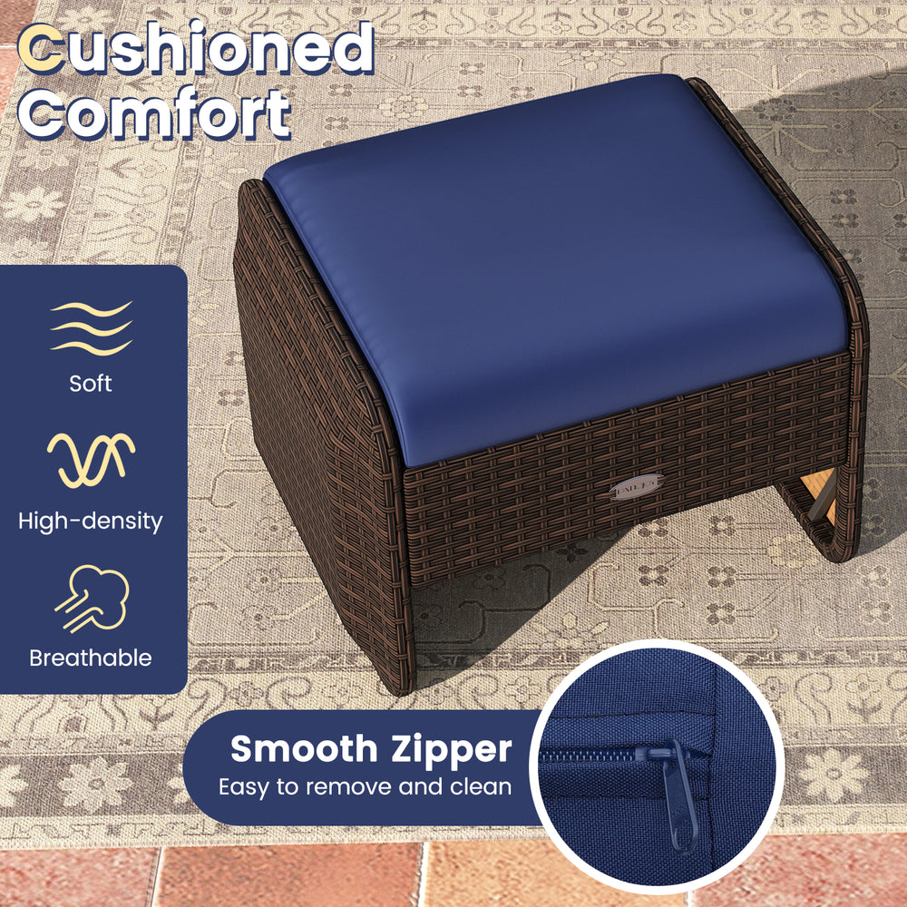 Navy cushion on a hand-woven PE wicker ottoman, featuring a smooth zipper for easy cleaning, ideal for outdoor use.
