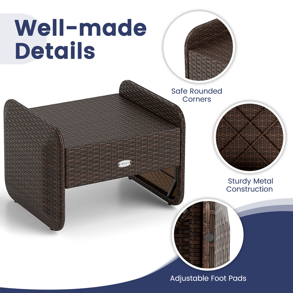 Outdoor patio PE wicker ottoman with removable navy cushion, sturdy metal construction, and safe rounded corners for.