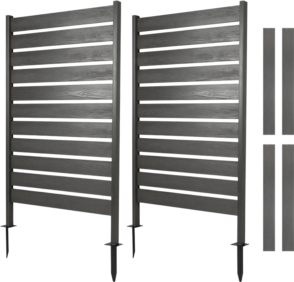 Freestanding gray outdoor privacy screen fence with slatted design, ideal for backyard, patio, or poolside use.