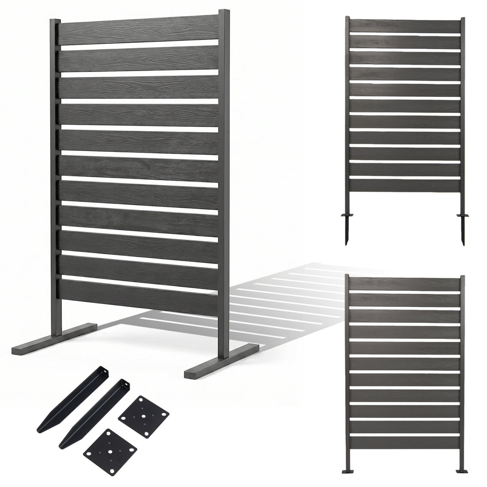 Freestanding outdoor privacy screen fence in gray with slatted design, ideal for backyard, patio, or poolside use.