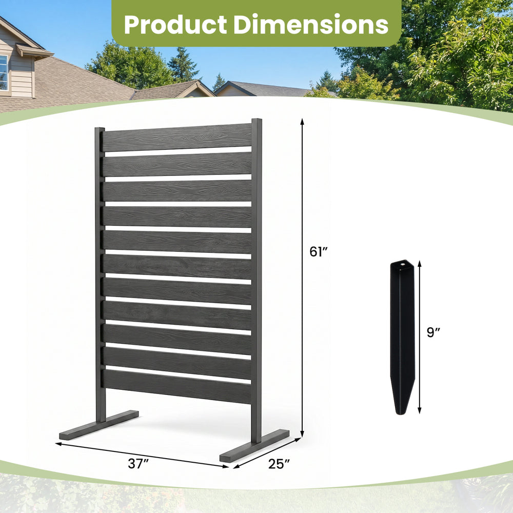 Outdoor privacy screen fence in gray, featuring a slatted design and freestanding structure for versatile placement.