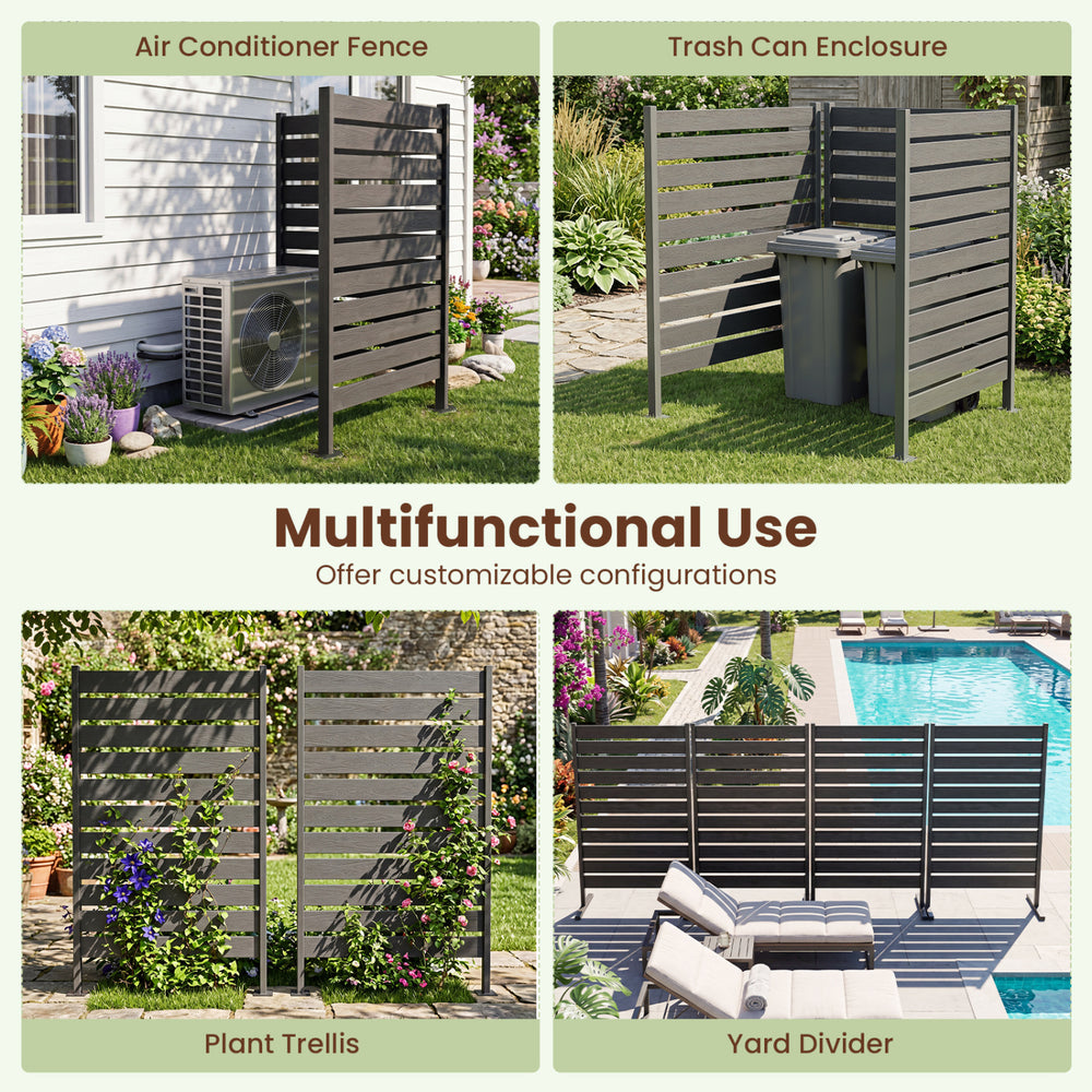 Gray outdoor privacy screen fence with slatted design, ideal for yard dividers, trash can enclosures, or AC covers.