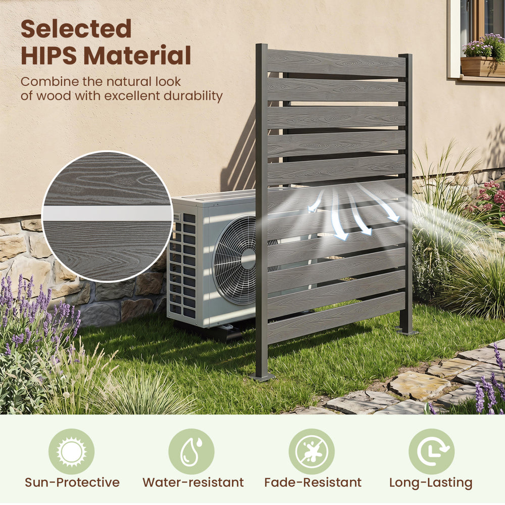 Freestanding outdoor privacy screen fence in gray features HIPS construction for durability and slatted design for airflow.