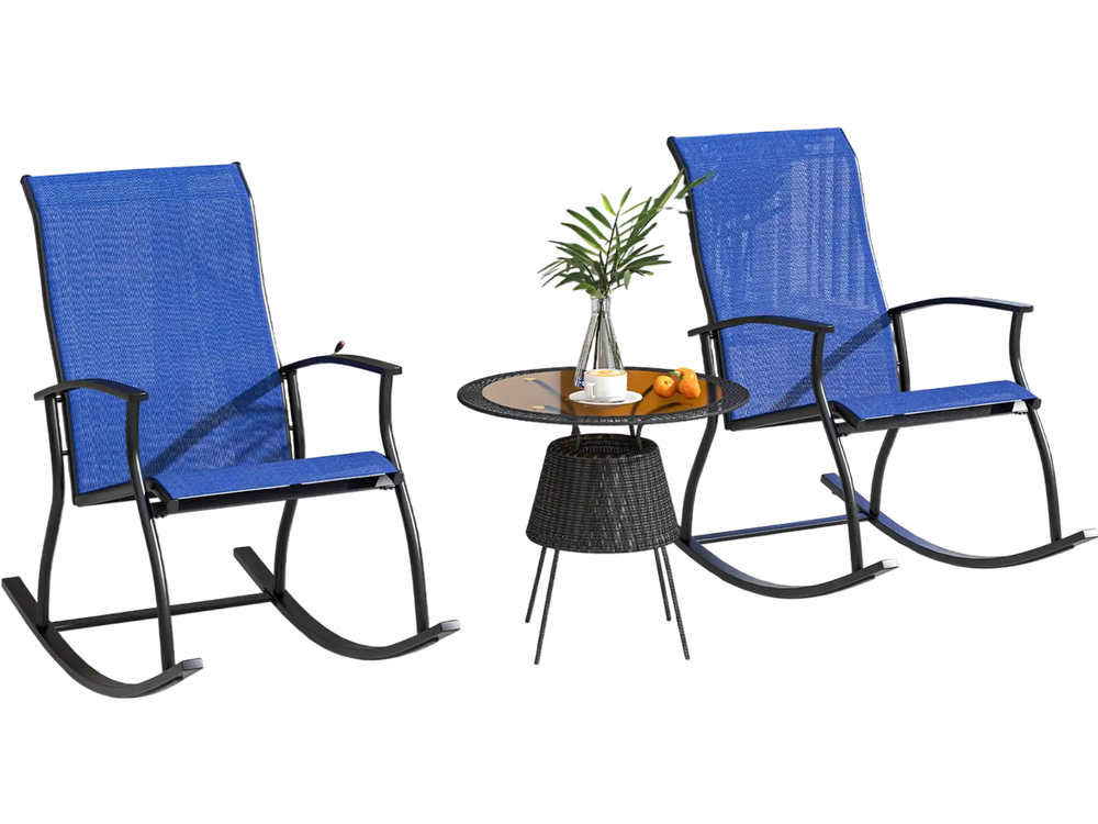 Navy outdoor rocking chairs with breathable backrest, featuring a rustproof metal frame, perfect for backyard.