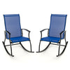 Two navy outdoor rocking chairs with breathable backrest and rustproof metal frame, ideal for backyard relaxation.
