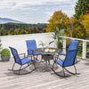 Two navy outdoor rocking chairs with breathable backrests, set on a patio for comfortable outdoor relaxation.