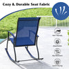 Navy outdoor rocking chair with breathable backrest, featuring a rustproof frame and rip-resistant fabric for comfort.