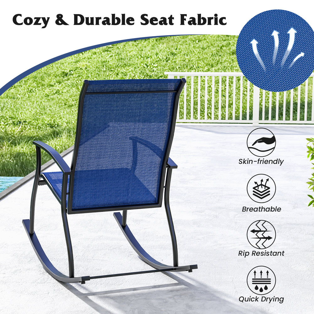 Navy outdoor rocking chair with breathable backrest, featuring a rustproof frame and rip-resistant fabric for comfort.