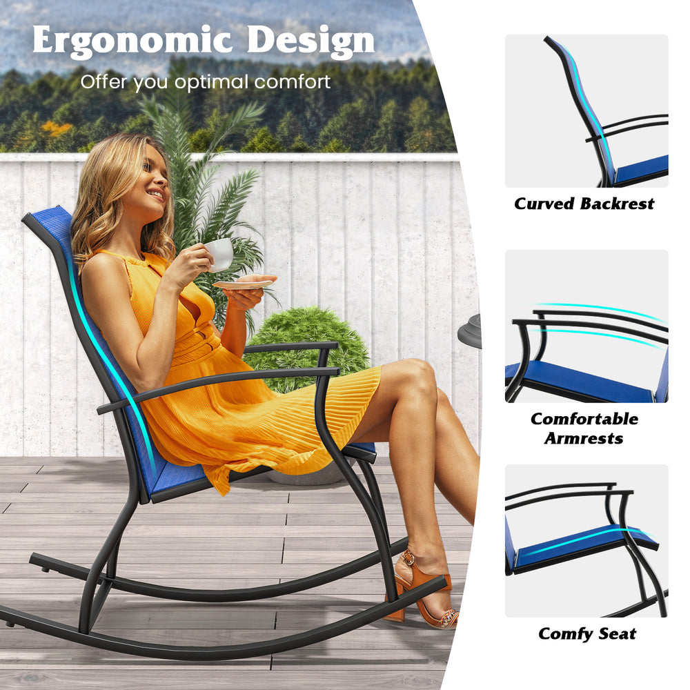 Navy outdoor rocking chair with ergonomic design, breathable backrest, and comfortable armrests for backyard relaxation.