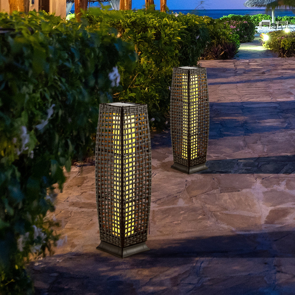 2 Pieces Solar-Powered Square Wicker Floor Lamps with Auto LED Light-Brown - Gallery View 1 of 10