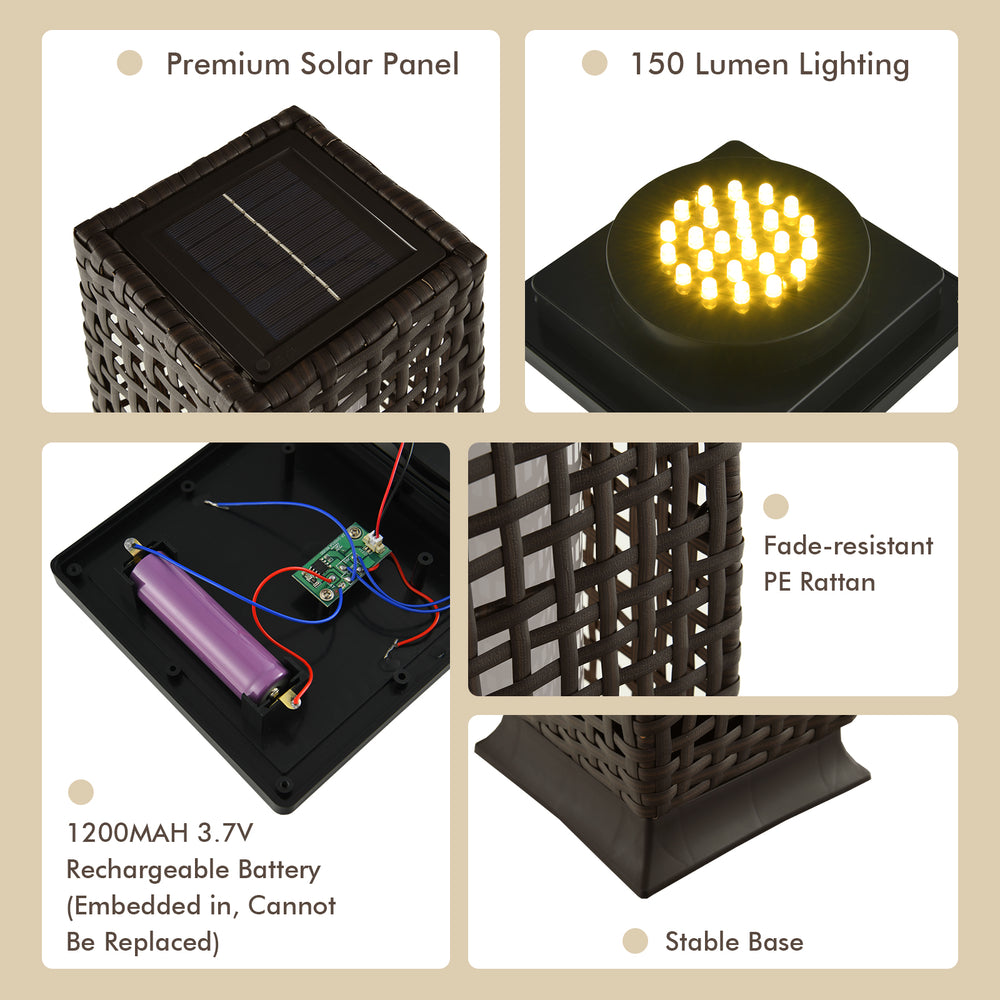 Close-up of the solar-powered wicker floor lamp showcasing the premium solar panel and stable base for outdoor use.