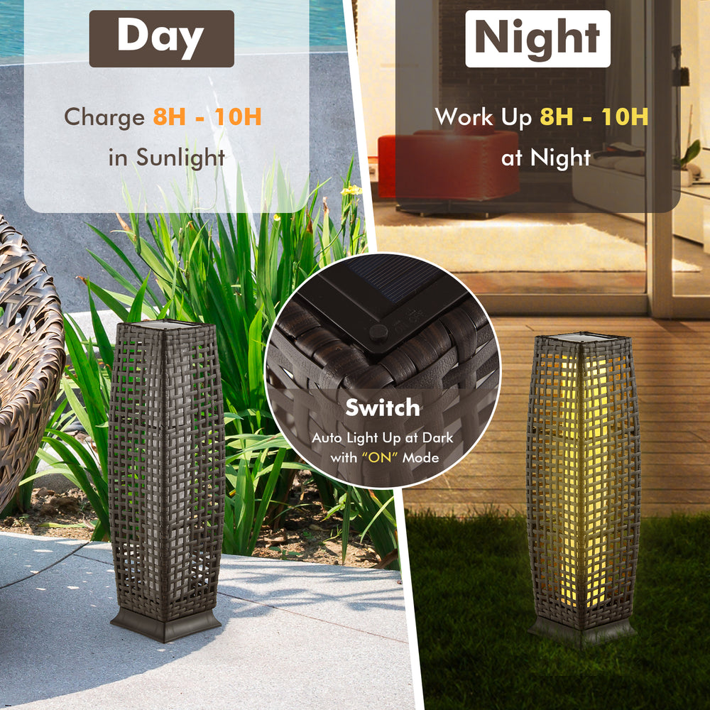 Square wicker solar-powered floor lamp in brown, featuring auto LED light for outdoor use, ideal for patio and garden.
