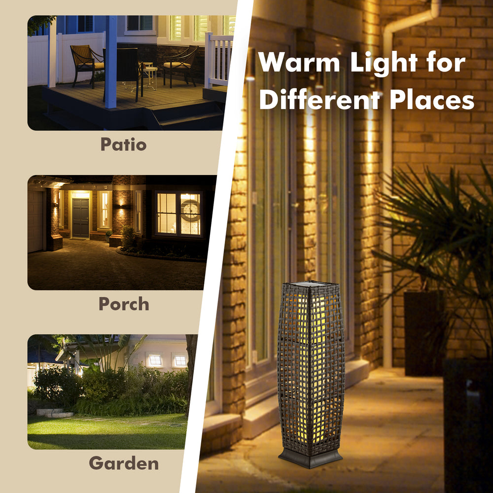 Square wicker solar-powered floor lamp in brown, providing warm light for outdoor spaces like patio and garden.