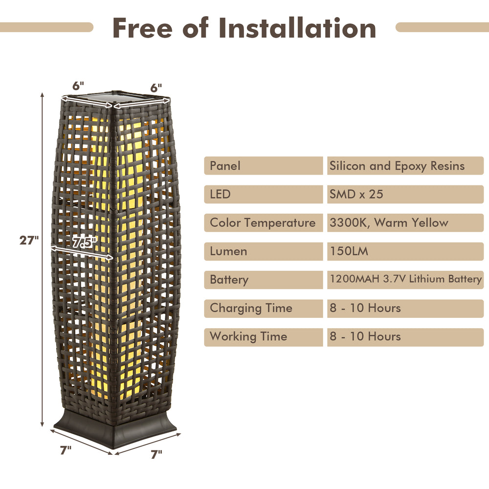 Square wicker floor lamp in brown, solar-powered with 150 lumens, ideal for outdoor use on patio or garden.