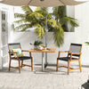 Set of 2 acacia wood dining chairs with armrests, featuring hand-woven ropes, perfect for outdoor patio use.