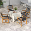 Set of 2 acacia wood dining chairs with armrests, featuring hand-woven ropes, perfect for outdoor lawn or backyard use.