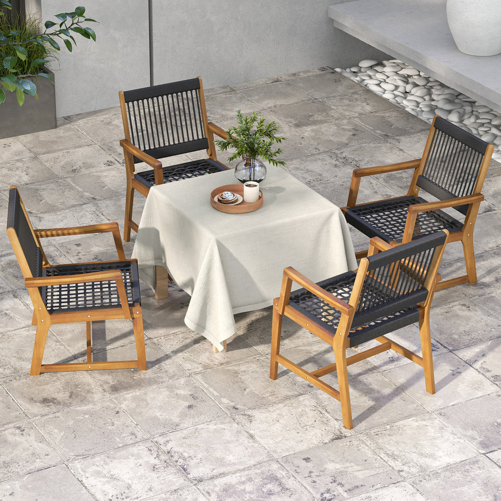 Set of 2 acacia wood dining chairs with armrests, featuring hand-woven ropes, perfect for outdoor lawn or backyard use.