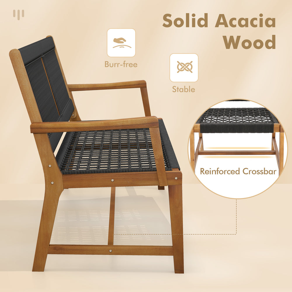 Side view of a patio dining chair made of solid acacia wood with hand-woven plastic ropes, ideal for outdoor comfort.