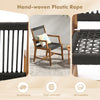 Hand-woven plastic rope seat detail of acacia wood dining chair, designed for breathability and comfort in outdoor.