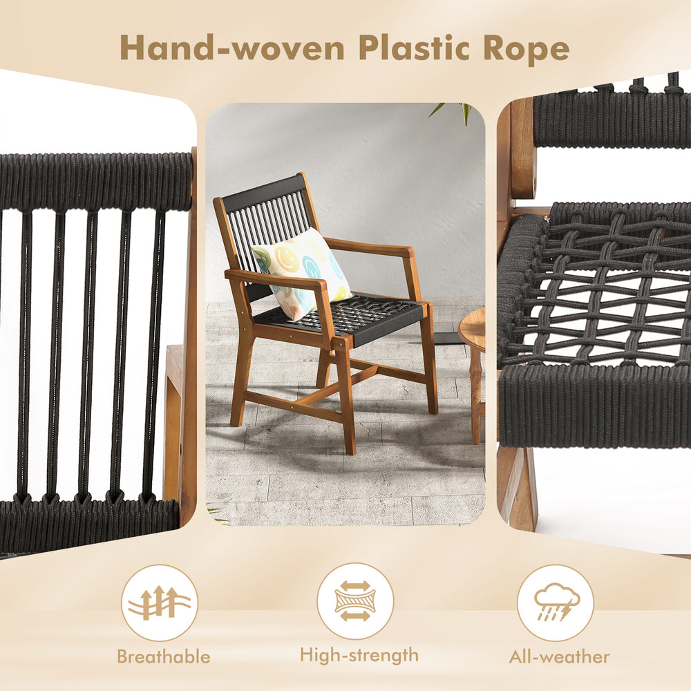 Hand-woven plastic rope seat detail of acacia wood dining chair, designed for breathability and comfort in outdoor.