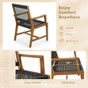 Acacia wood dining chair with armrests, featuring hand-woven ropes and a 19-inch deep seat for outdoor comfort.