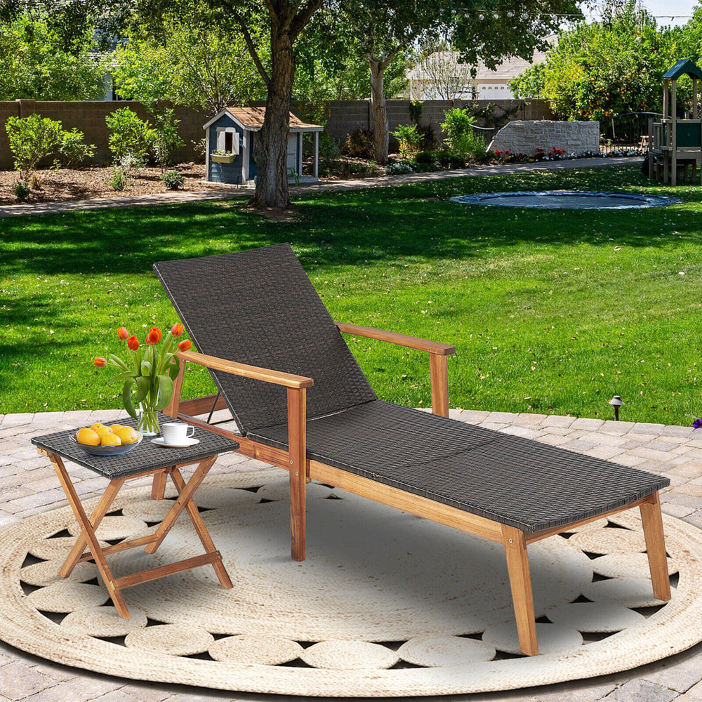 Patio chaise lounge with adjustable backrest and acacia wood frame, paired with a folding side table for outdoor.