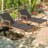 Patio chaise lounge and side table set in brown PE wicker with adjustable backrest for poolside relaxation.