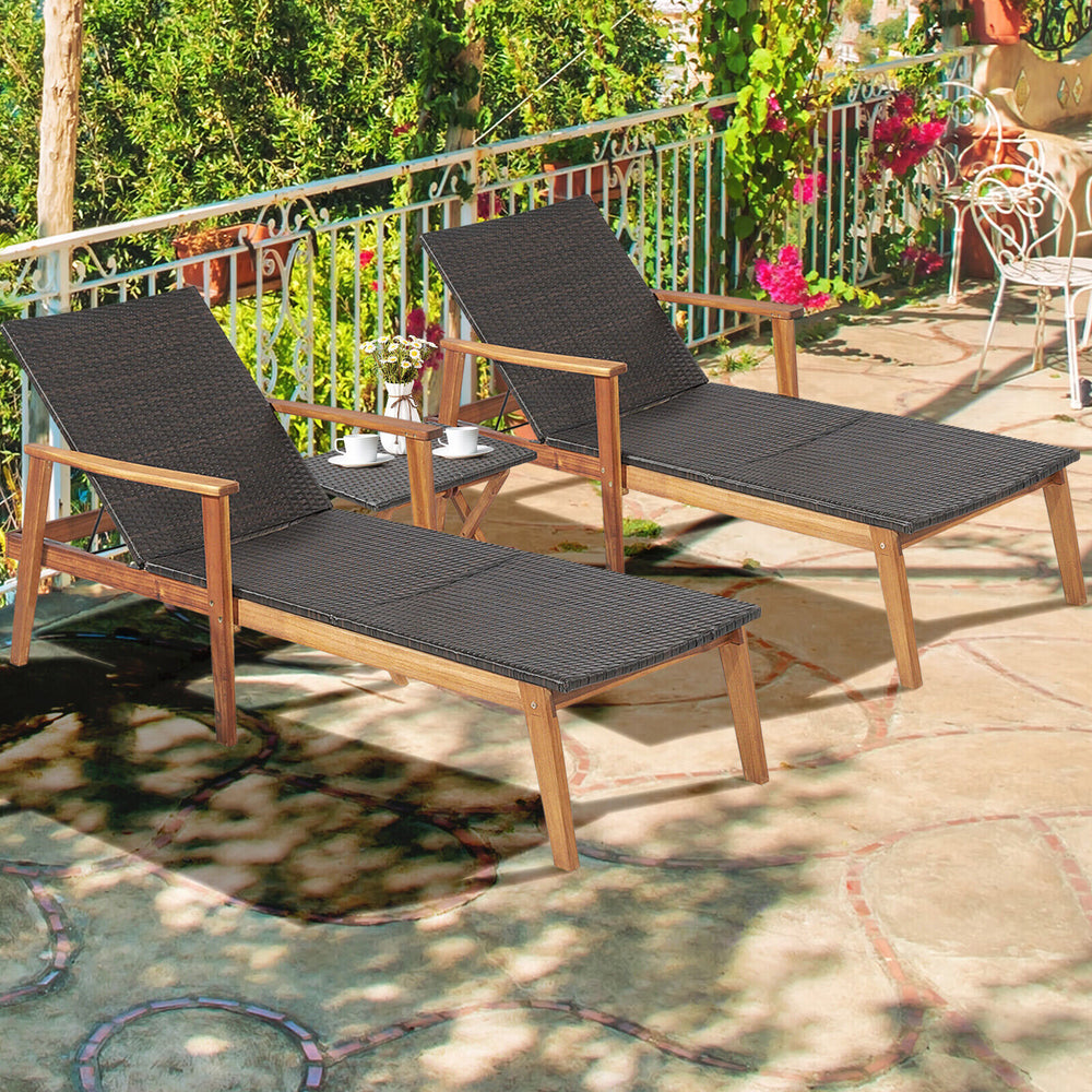 Patio chaise lounge and side table set in brown PE wicker with adjustable backrest for poolside relaxation.