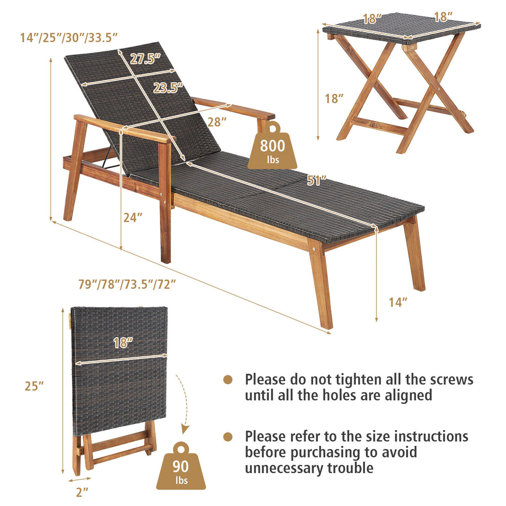Patio chaise lounge with adjustable backrest and side table, made of acacia wood and PE wicker, ideal for outdoor.