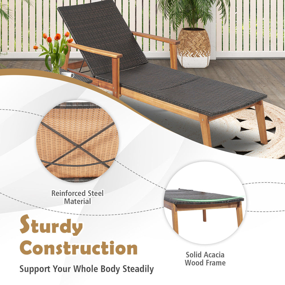 Patio chaise lounge with solid acacia wood frame and adjustable backrest, perfect for poolside relaxation.