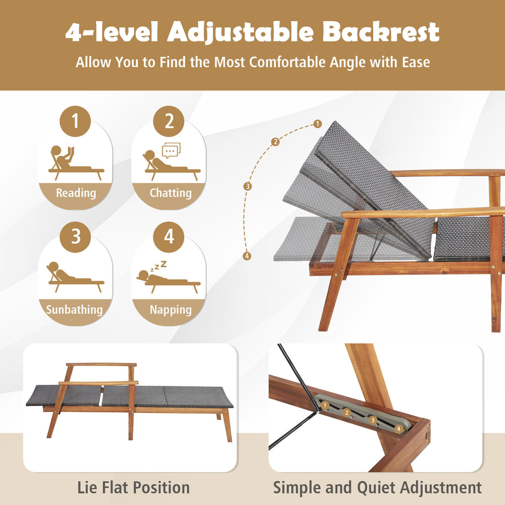 Patio chaise lounge set with 4-level adjustable backrest, solid acacia wood frame, ideal for poolside relaxation.