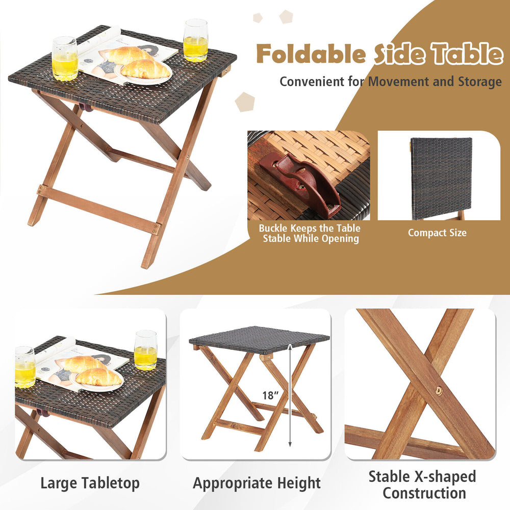 Foldable side table with solid acacia wood frame and hand-woven PE wicker, perfect for patio or poolside use.