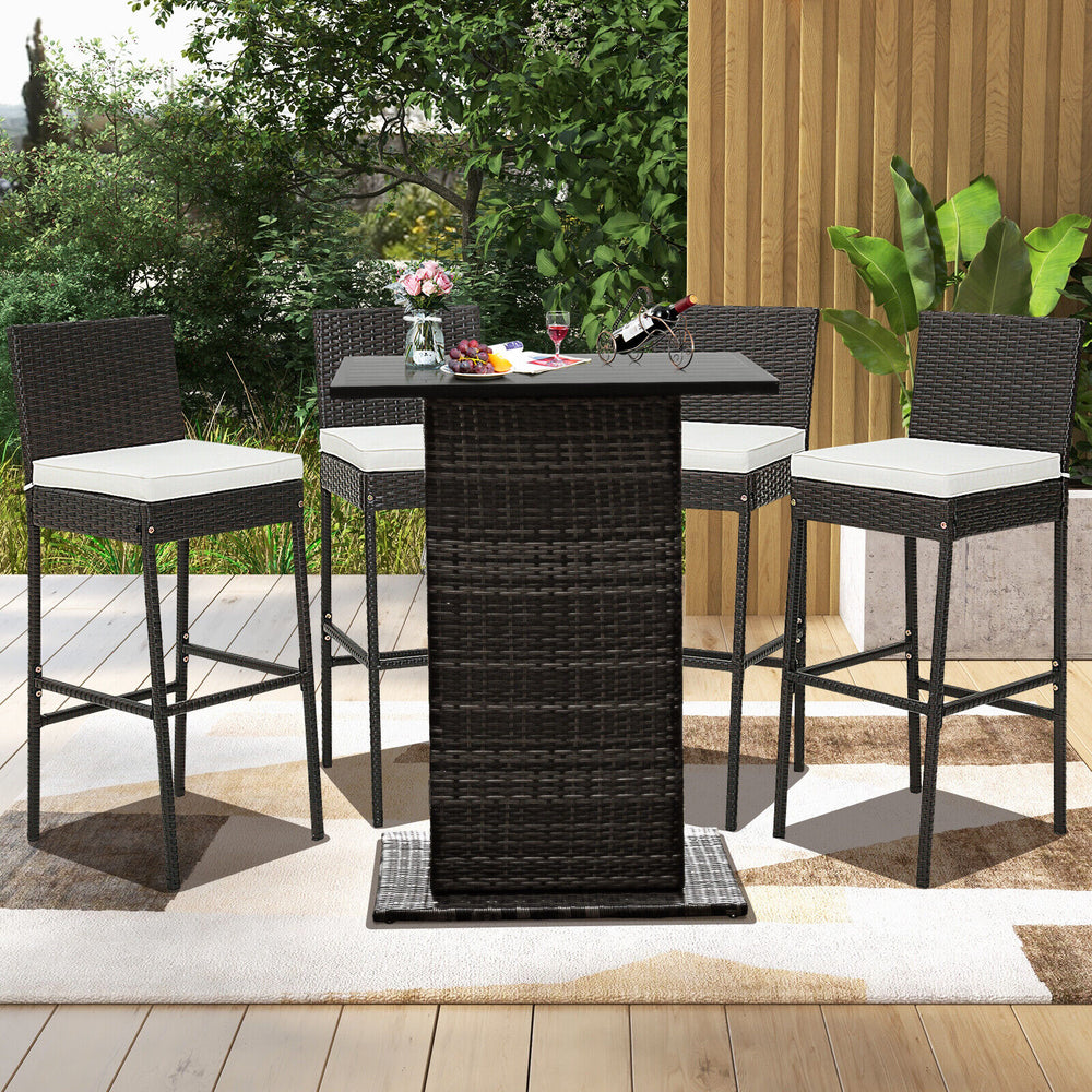 Cushioned wicker barstools with footrest and backrest, featuring hand-woven PE rattan, perfect for outdoor relaxation.
