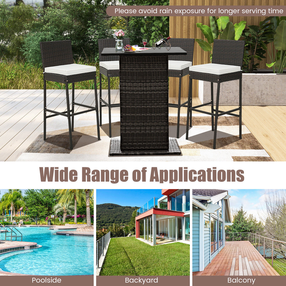 Cushioned wicker barstools with footrest, ideal for poolside or backyard, featuring a durable PE rattan design.