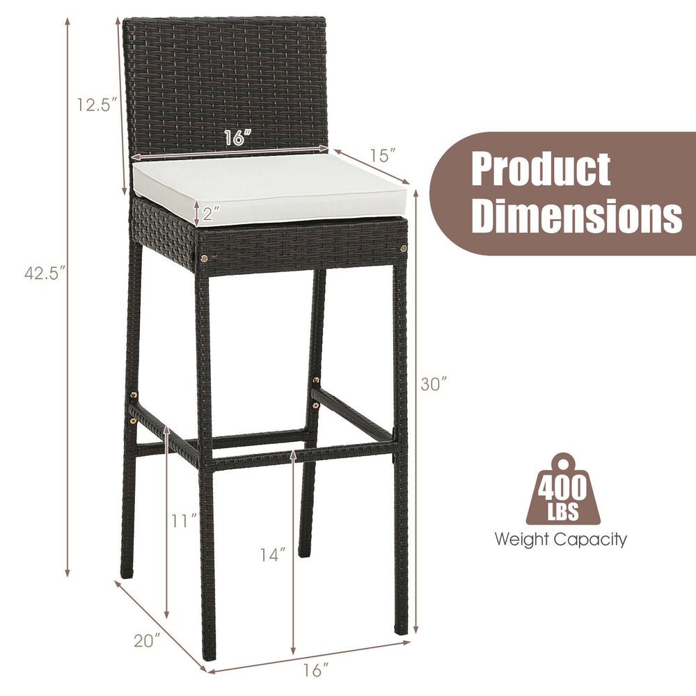 Cushioned wicker barstool with a 30-inch seat height, reinforced metal frame, ideal for patio or poolside use.