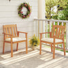 Two acacia wood patio dining chairs with white cushions, perfect for backyard or balcony dining.