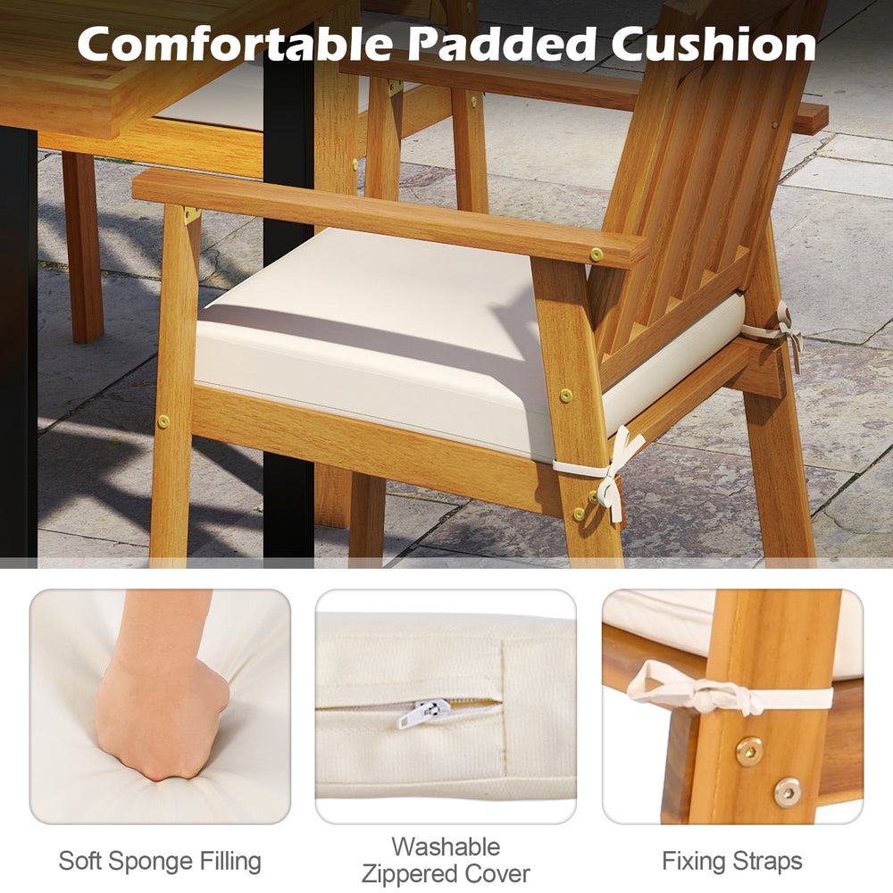 Comfortable padded cushion with soft sponge filling and washable zippered cover for acacia wood dining chairs.