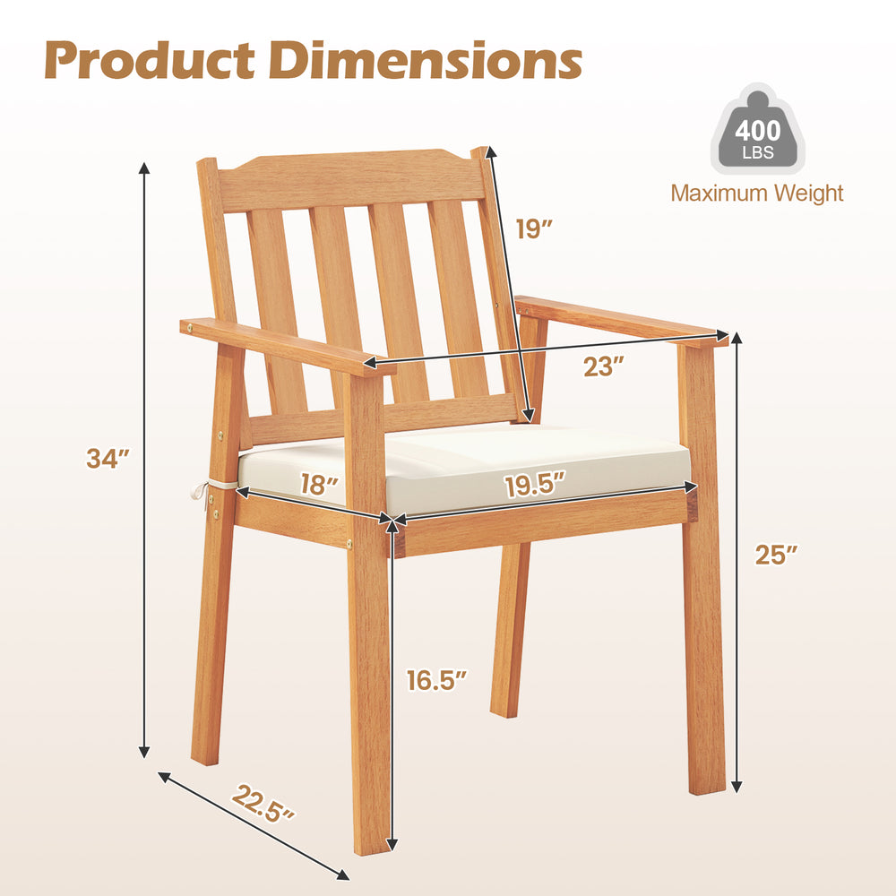Acacia wood patio dining chair with soft cushion, 400 lbs capacity, ideal for backyard or garden dining.