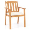Acacia wood patio dining chair with white cushion, featuring a tilted backrest and streamlined armrests for comfort.