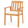 Acacia wood patio dining chair with soft cushion, ideal for backyard or garden dining, featuring a tilted backrest.
