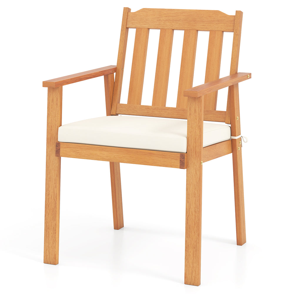 Acacia wood patio dining chair with soft cushion, ideal for backyard or garden dining, featuring a tilted backrest.