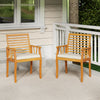 Two acacia wood patio dining chairs with removable cushions, perfect for outdoor bistro conversations on a porch.
