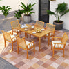 Acacia wood patio dining chairs with removable cushions, perfect for outdoor bistro conversations and meals.