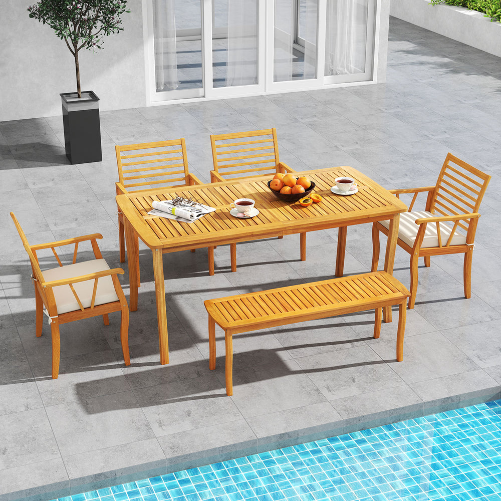 Acacia wood patio dining set featuring two armchairs with removable white cushions, perfect for outdoor meals.